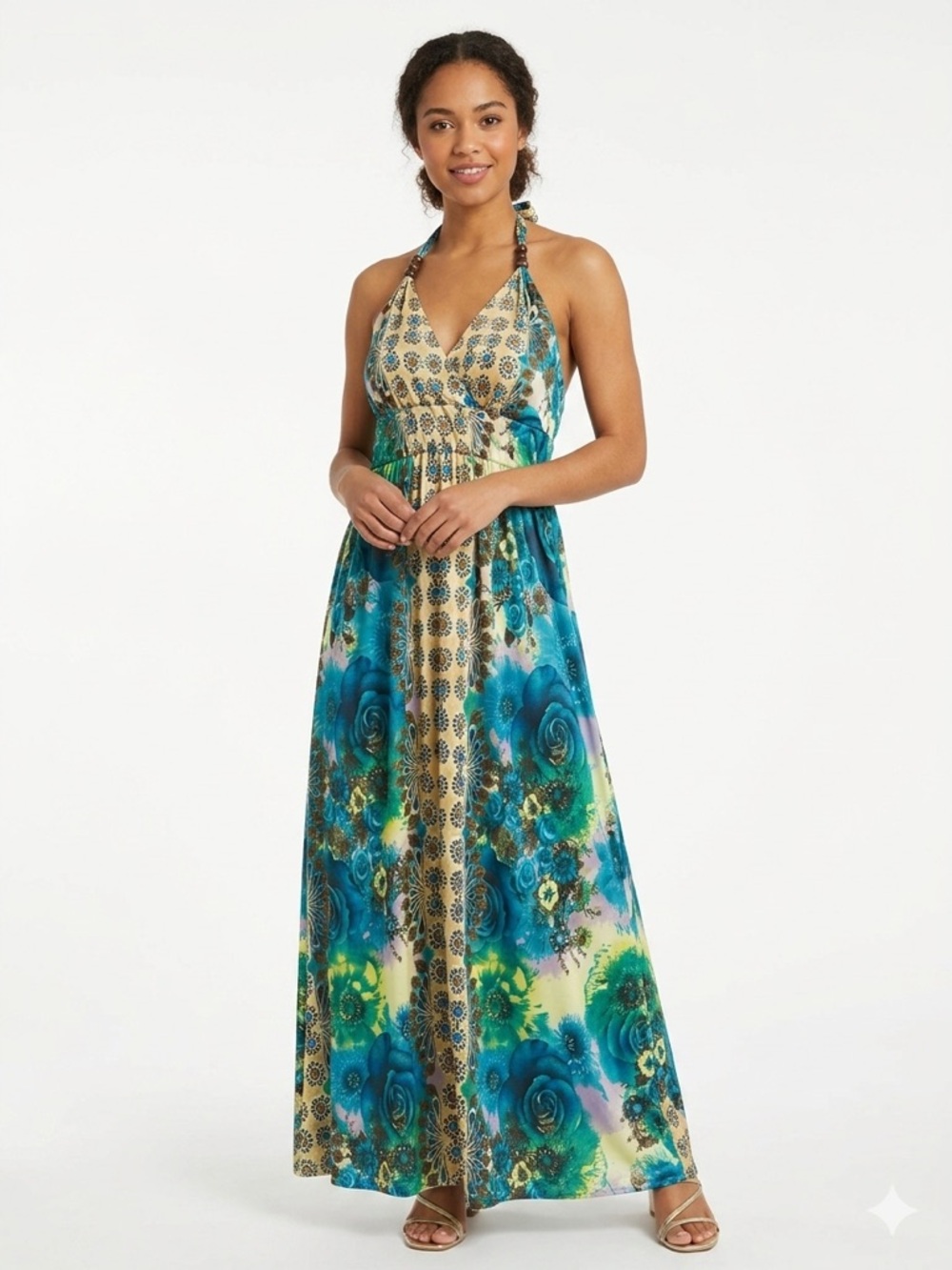 Magic Teal and Cream Floral Halter Maxi Dress
